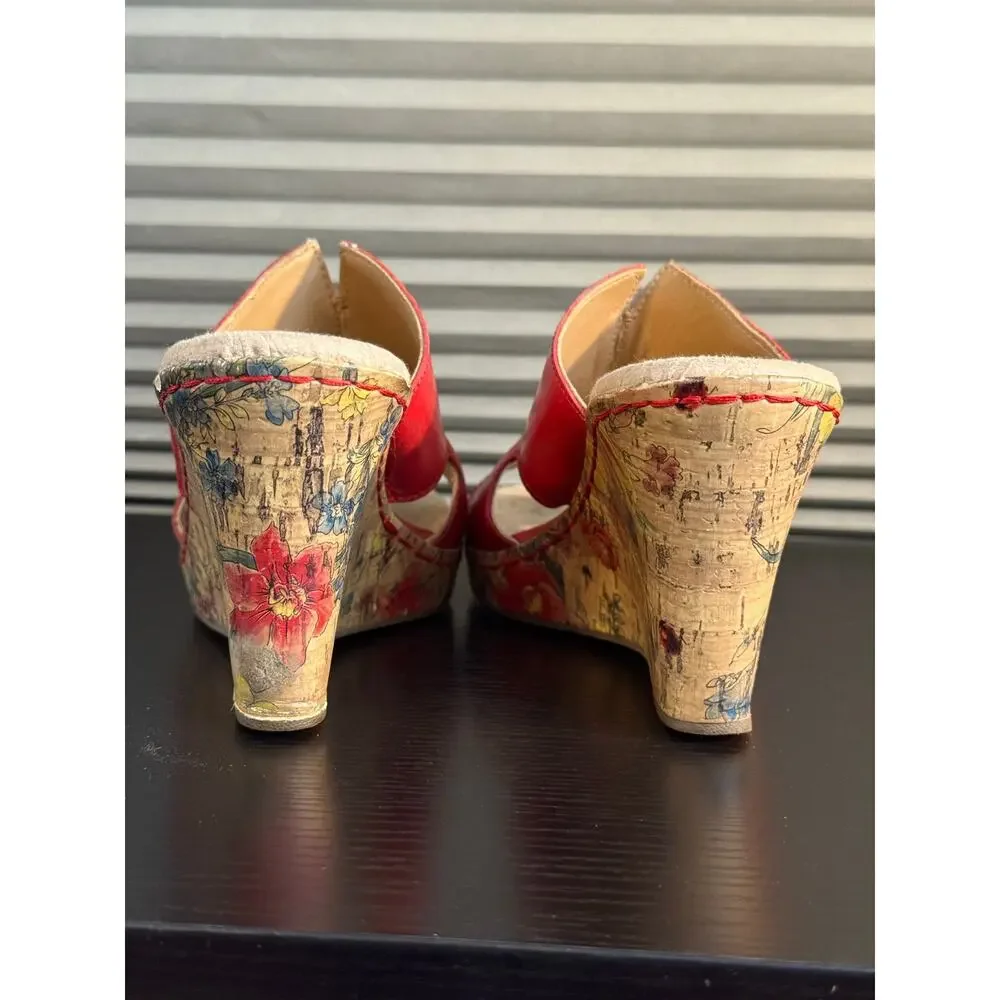 b.o.c. Born Concept Red Leather Floral Cork Wedge Sandals Women’s 7M Comfort